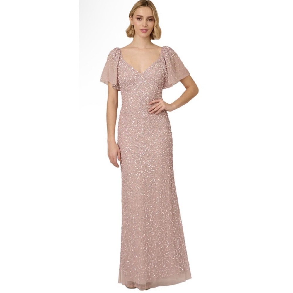 ADRIANNA PAPELL Pink Beaded Mesh Maxi Dress Size 6 Maxi